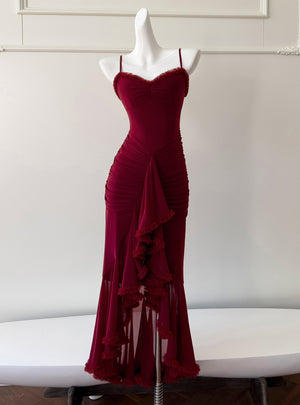 Burgundy Pleats Irregular Suspender Dress