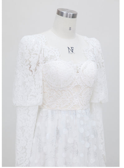 White Lace Long Sleeve V-neck Prom Dress