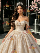 Champagne Sequins Off the Shoulder Quinceanera Dress
