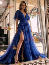 Blue Tulle V-neck Pleats Prom Dress