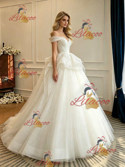 White Tulle Off the Shoulder Wedding Dres