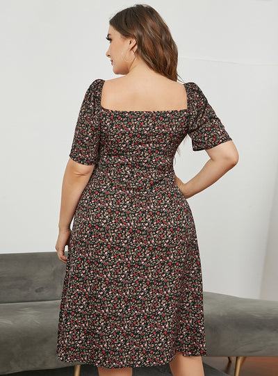 Square Neck Split Long Floral Dress