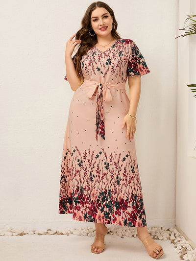 Plus Size Printed Short Sleeve V-neck Dress