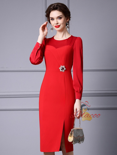 Red Long Sleeve Split Mother Of The Bride Dress