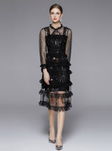 Sequined Embroidered Star Lace Slim Mesh Dress