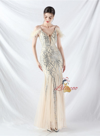 Spaghetti Straps Sequins Feather Prom Dress