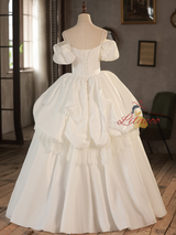 White Satin Lace Puff Sleeve Wedding Dress