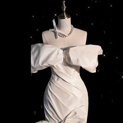 White Mermaid Satin Pleats Wedding Dress With Bow