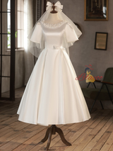 White Satin Lace Short Sleeve Pearls Wedding Dress