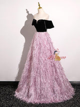 Pink Tassel Black Velvet Beading Prom Dress