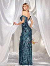 Blue Mermaid Sequins Straps Beading Prom Dress