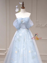 Blue Tulle Print Off the Shoulder Prom Dress