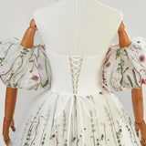 White Tulle Embroidery Puff Sleeve Prom Dress