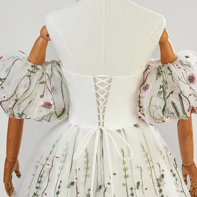 White Tulle Embroidery Puff Sleeve Prom Dress