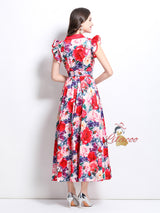Printed Lotus Leaf Sleeve Lapel Button-down Dress