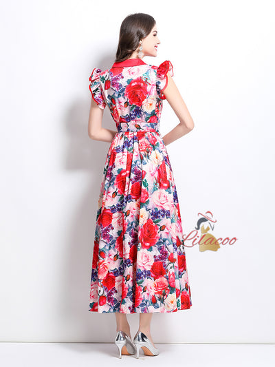 Printed Lotus Leaf Sleeve Lapel Button-down Dress