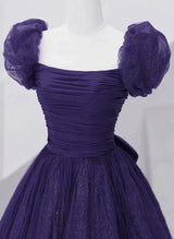 Dark Purple Tulle Sequins Pleats Prom Dress