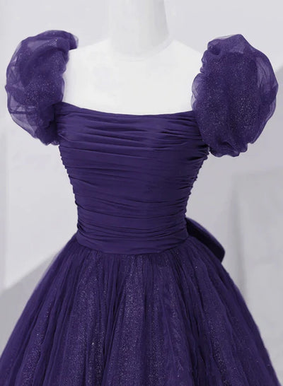 Dark Purple Tulle Sequins Pleats Prom Dress