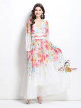 Flower Oil Painting Lace Stitching V-neck Dress