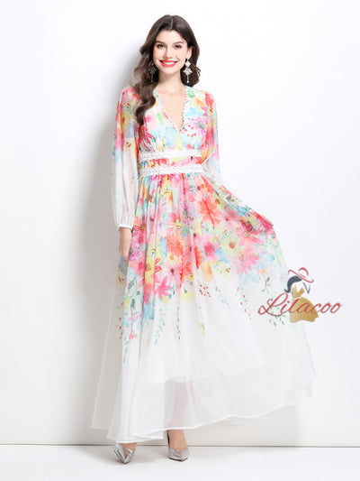 Flower Oil Painting Lace Stitching V-neck Dress