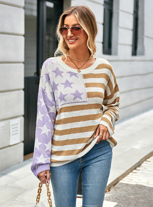 Loose Striped Color Matching Round Neck Sweater