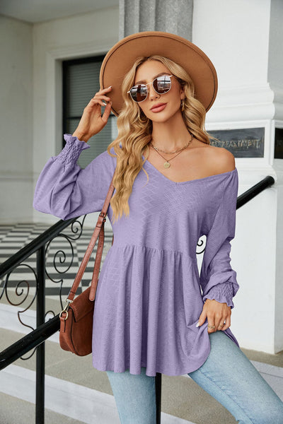 Stitching V-neck Jacquard Long-sleeved T-shirt