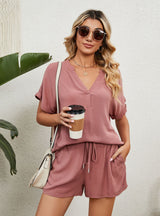 Solid Color V-neck Loose T-shirt Shorts Suit
