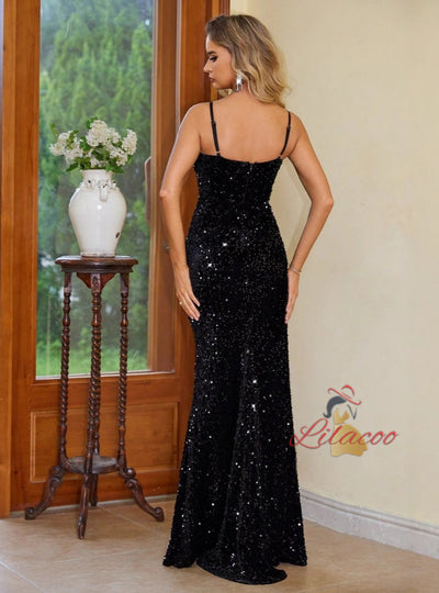 Black Straps Sequins Split Party Dress