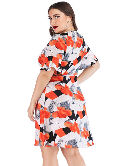 V-neck Ruffled Printed Stitching Dress