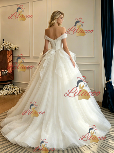 White Tulle Off the Shoulder Wedding Dres