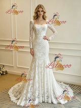 Beige White Lace Long Sleeve Wedding Dress