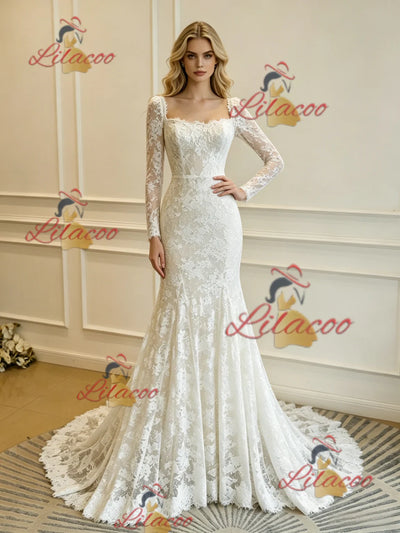Beige White Lace Long Sleeve Wedding Dress