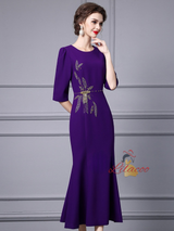 Purple Short Sleeve Beading Mother Of The Bride Dress