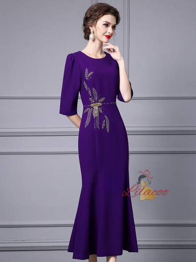 Purple Short Sleeve Beading Mother Of The Bride Dress