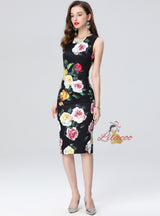 Round Neck Printed Slit Slim Dress