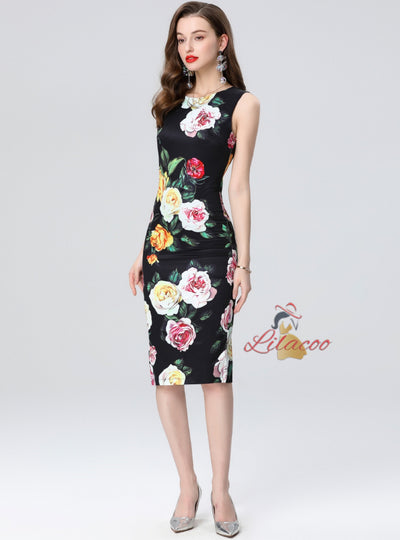 Round Neck Printed Slit Slim Dress