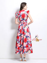 Retro Floral Ruffled Long Dress
