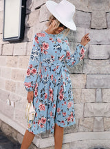 Long Sleeve Blue Pleated Floral Dress