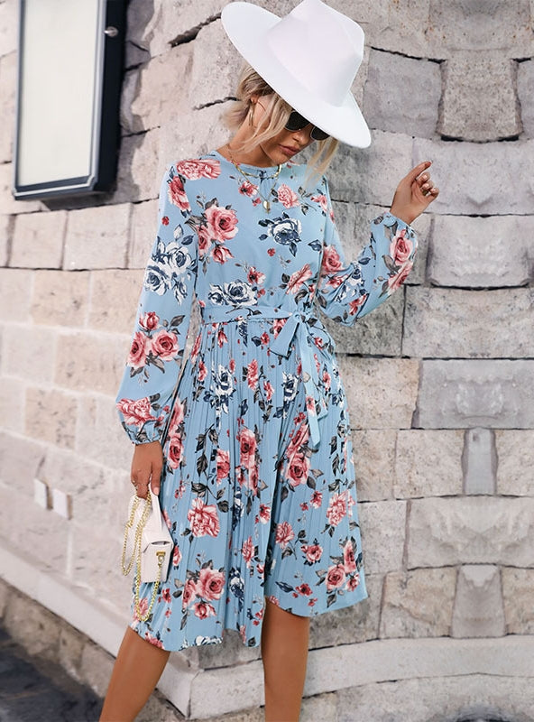 Long Sleeve Blue Pleated Floral Dress