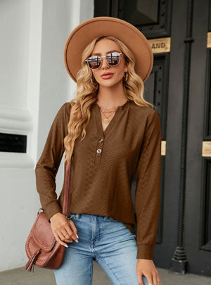 Solid Color V-neck Button Long Sleeve T-shirt