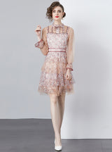 Printed Slim Short Bubble Sleeve Mesh Dress