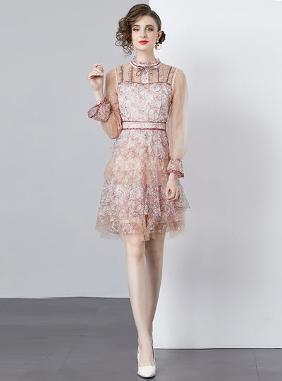 Printed Slim Short Bubble Sleeve Mesh Dress