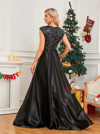 Black Satin Sequins Long Prom Dress