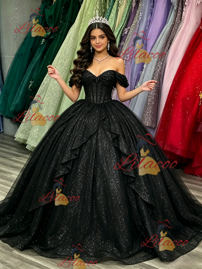 Black Sequisn Off the Shoulder Quinceanera Dress