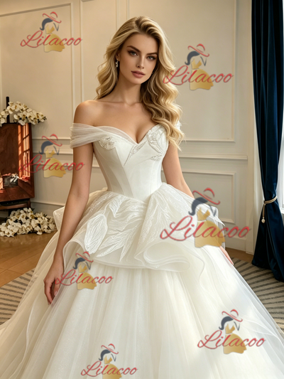White Tulle Off the Shoulder Wedding Dres