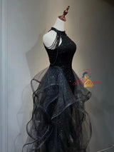 Black Sequins Halter Beading Prom Dress