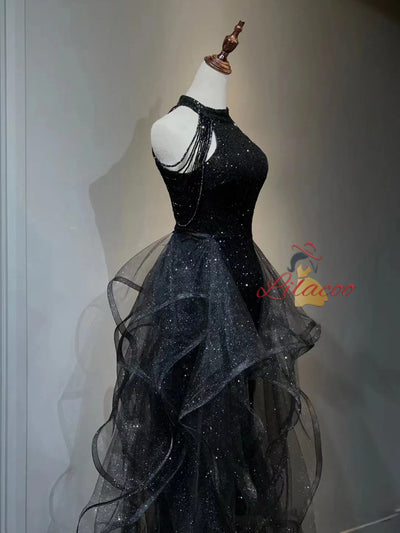 Black Sequins Halter Beading Prom Dress