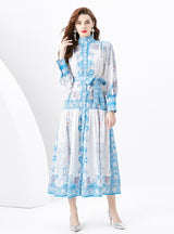 Palace Single-breasted Lantern Sleeve Printed Dress
