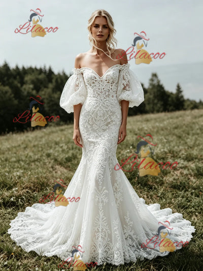 White Mermaid Lace Puff Sleeve Wedding Dress