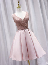 Pink Satin Sequins V-neck Homecoming Dress